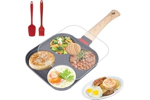 LOMUG Poêle à 4 Emplacements, Poele a Pancakes avec Couvercle, Poele a Oeufs avec 4 Trous Multifonctionnelle Poele a Crepe Anti Adhesive Poêle à Omelette Petit Déjeuner pour Induction Cuisinière à Gaz