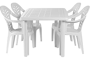Resol Olot 4 Seater Dining Set - White - Heavy Duty Polypropylene Plastic Garden Table with Parasol Hole & 4 Stackable Chairs for Patio, Garden, Outdoor, Pool