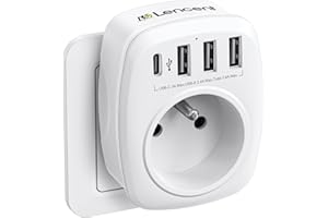 LENCENT Prise Secteur Multiple, Chargeur Multiprises avec 1 Sortie AC, 1 USB C et 3 Ports USB, Murale Electrique Compatible avec iPhone/iPad, Idéal pour Chambre Bureau Domicile 4000W