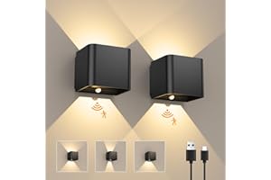 GEARLITE Led Aufladbar Wandleuchte Innen/Aussen mit Bewegungsmelder 2 Stücke, Wandlampe Auf und ab Einstellbarer Lichtstrahl 3000K Warmweiß Außenwandleuchte IPX4 Wasserdichte Wohnzimmer Garten Schwarz