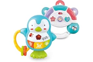 JUGATOYS Set de 2 Juguetes Musicales para Bebés – Pingüino y Pandereta con Sonido, Luces y Texturas – Sonajeros Educativos Interactivos para Bebés desde 6 Meses