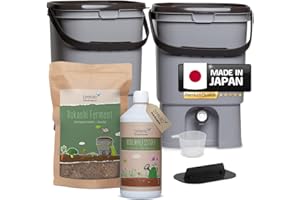 Bokashi Eimer Starterset - Japanisches Design - 2 Eimer (grau) + Bokashi Ferment + EM aktiv + Bokashi Broschüre