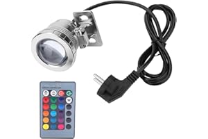 AKOZON Riuty Projecteur LED RVB submersible - 10 W - Prise européenne - Projecteur extérieur avec télécommande - Pour aquarium, bassin, fontaine, jardin (argent)