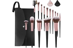 Vicloon Set Pennelli Trucco, 15 Pezzi Professionale Pennelli Make Up Pennelli con Ombretto Palpebra Eyeliner Mascara Sopracciglia Makeup Occhi per Donna con 2 Piumino per Cipria e Borsa Portaoggetti