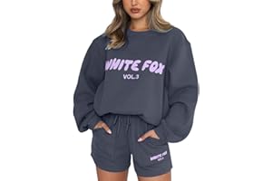 XeonZKne Women's White Fox Tracksuit Set Oversized Two Piece Outfit Long Sleeve Pullover and Short Sweatpants Y2K Activewear