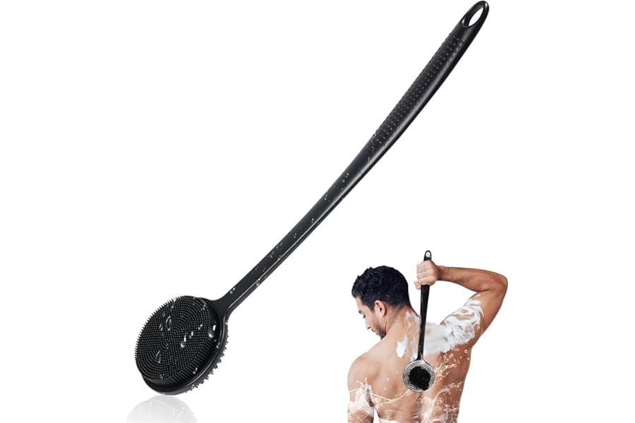 Silicone Back Scrubber for Shower, 17in Lengthen Long Handle Body Brush, Double Sided Shower Brush for Shower Exfoliating and Massage Can Produce Rich
