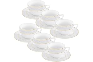 WILMAX ENGLAND Wilmax - Tazze con piattini - motivo dorato - set da 6-240 ml - tazze da caffè in porcellana - bianco - servizio da tavola per 6 persone - set di tazze per caffè, tè, dessert