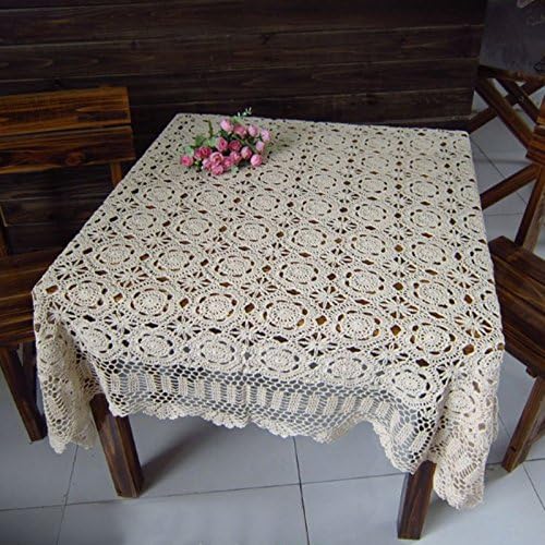 TideTex Vintage Rural Weave Shabby Chic Table Cover Square Tablecloth Lace Hollow Out Table Overlay Doily Decor Sofa Towel Handmade Crochet Tablecloth (150cmx150cm, Beige)