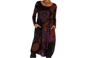 NUSGEAR 2022 Vestidos Largo para Mujer,Vestido Moda Vestido Primavera Impresión Fiesta Vestidos Casual Cuello Redondo Sudadera Vestidos Manga Larga Elegante Vestido de Noche con Bolsillo Bohemios Playa