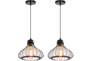 iDEGU Lot de 2 Suspension Luminaire Industrielle Plafonnier Abat-jour en Métal en Forme de Cage Noir Lustre Vintage pour Cuisine Salle à Manger Salon Chambre Bar Couloir Restaurant (Cage A 23CM)