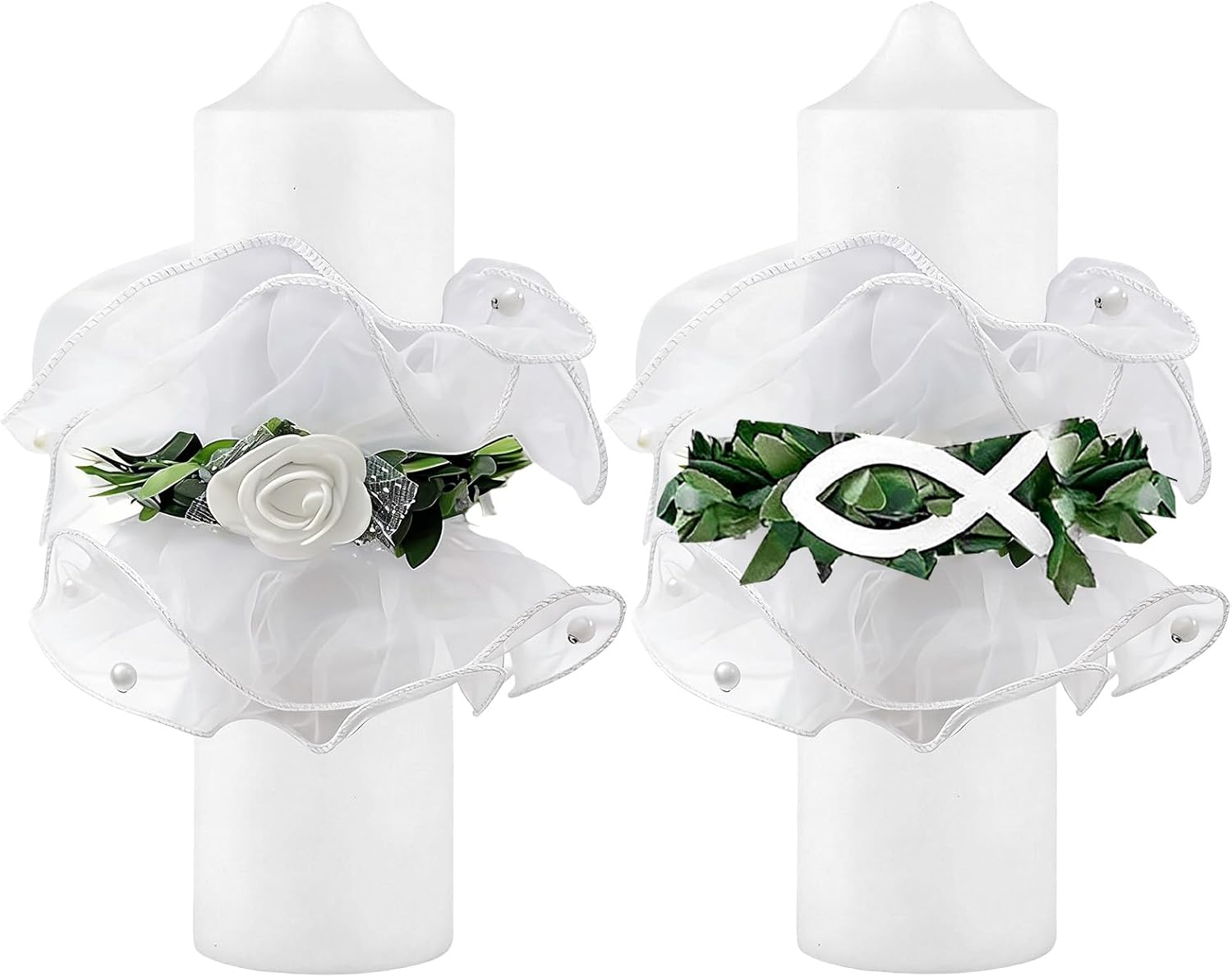 Dargkwn 2 velas antigoteo, para bautizo, comunión, gotas, falda de organza con decoración de peces, para bodas y bautizos, diámetro de 3-6 cm, color blanco
