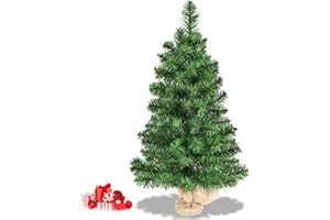 GYMAX 3FT/90CM Tabletop Christmas Tree, Mini Artificial Xmas DIY Tree with Burlap Base, Small Festival Home Party Decorations