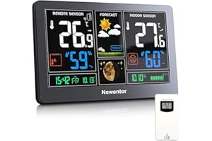 Newentor Weather Station Wireless Indoor Outdoor Thermometer, Color Display Digital Weather Thermometer with Atomic Clock, Barometric Pressure, Forecast Station with Adjustable Backlight, Black