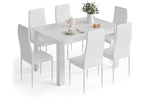 Mondeer Esstisch mit 6 Stühlen Set, Essgruppe mit Hochlehner Kunstleder Stuhl für Küche Esszimmer Wohnzimmer, W138 x D90 x H75 cm, Weiß