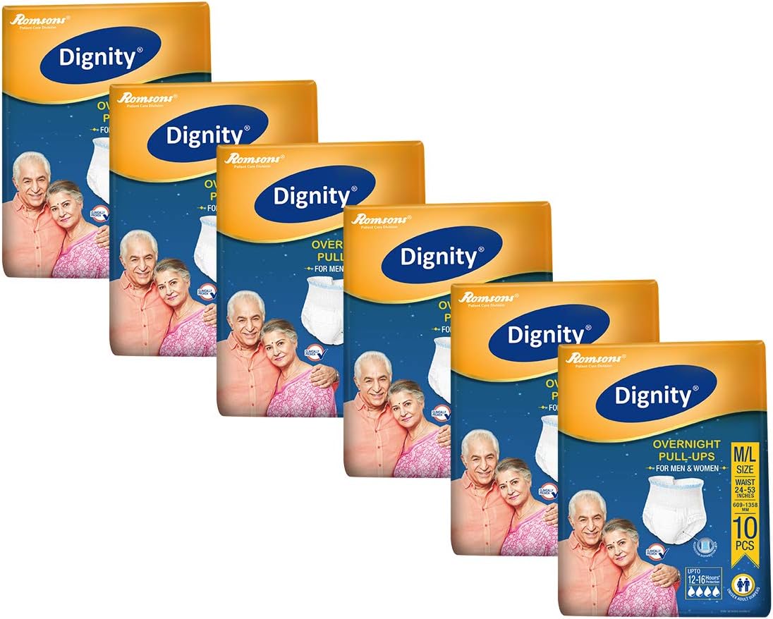 DIGNITY Overnight Pant Style Adult Diapers - M/L (60 Pieces) With Wetness Indicator and Leakage Protection Upto 12-16 Hrs.
