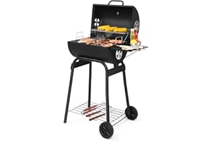 Bonnlo BBQ Charcoal Grill with Wheels, Outdoor Barbecues & Smokers with Side Table, Built-in Thermometer, for Bakyard Barbecue Party