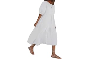 VEMOW Vestidos Largos de Fiesta Verano Mujer Casual Suelta Falda de Playa Bohemia Manga Corta, Moda Color Sólido Chic de Noche Cóctel Rockabilly Clásico Vacaciones con Cuello Redondo