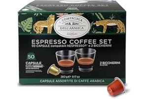 CAFFÈ CORSINI 1950 Caffè Corsini - 50 Cápsulas Café Compatibles Nespresso Mono-Origen Surtidas + 2 Tazas de Vidrio, Estuche Regalo, Café 100% Arábica, 5 Cajas de 10 Cápsulas