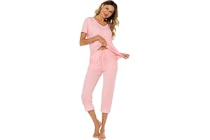 Ietaoo Survêtements Coton Femme Ensemble de Pyjama 2 Pièce Sportswear Jogging Été Col en V Haut et 3/4 Pantalon Sweat Suit Tenue Sport Ensemble Vêtements de Nuit