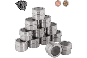 Kingmate Juego de 12 Botes para Especias Magnéticos de Acero Inoxidable Organizador Especias Cocina Spice Jars, Etiquetas Incluidas