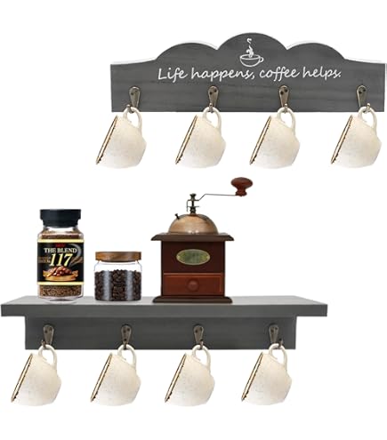Dahey Mokhouder wandmontage, metalen koffiemok rek hanger met 10 mokhaken, mok display rek rustieke gebruiksvoorwerpen kopjes opslag organizer voor keuken eetkamer koffiebar, set van 2, zwart
