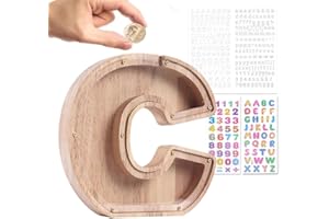 Wivico Wooden Letter Money Box|Reward Jar|Piggy Banks for Kids|Personalised Fillable Letters Clear Money Box|A-Z Letters Coin Bank for Christmas Birthday Gift/Keepsake|with Alphabet Stickers(C)