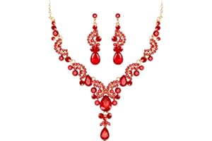 Wedity mariée mariage cristal collier boucles d'oreilles ensemble floral colliers ras du cou bijoux en forme de larme pour femmes et filles (rouge)