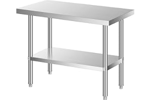 LEEVOT Tavolo da Cucina Professionale in Acciaio Inox, 2 Ripiani in Legno e Acciaio, per Cucine Professionali, Laboratori, Ristoranti e Bar, Capacità di Carico 150KG/100KG (120x60cm)