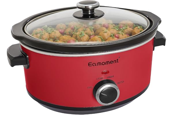 Eamoment ESC-35A-OSRD 3,5 l|200 W Slow Cooker avec 3 niveaux de chauffage et indicateur de puissance, passe au lave-vaisselle et avec poignées de transport, couvercle en verre facile à nettoyer, rouge