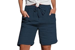 HOOUDO Linen Shorts Women Summer Knee Length Cropped Trousers Ladies Solid Drawstring Hot Pants with Pockets Half Length Capri Bermuda Shorts