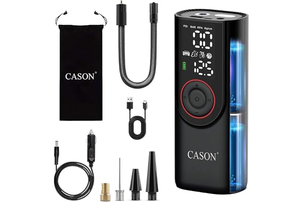 Cason Wireless + Wired (6000 mAh Battery & 12V USB Port) Tyre Inflator for Car,Bike & Cycle,2 x Faster Inflation,Car Electric Air Pump for Tyres Automatic -150 PSI with Powerbank,Air Pressure Pump