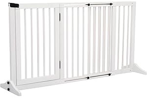 PawHut Adjustable Wooden Pet Gate Freestanding Dog Barrier Fence Doorway 3 Panels Safety Gate w/Lockable Door White 71H x 113-166W cm