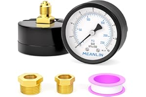 MEANLIN MEASURE 0-16Bar/230PSI 2" DIAL FACE 1/4" BSP Brunnenpumpenmanometer, mit 1/4" x 1/2" BSP und 1/4" x 3/8" BSP Sechskantbuchse, Pool Sand Filter Wasser Öl Luft Druck Test Center Back Mount