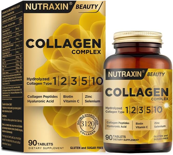 Nutraxin Collagen Complex Tablet | 5 Tip Kolajen (Tip I, II, III, V, X) + Hyalüronik Asit, Elastin, C Vitamini | Şeker ve Gluten İçermez | 90 Tablet