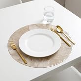 Deconox 6'lı Plastik Amerikan Servis Seti, Yuvarlak 38 cm Gold Yaprak Desenli Supla, Yıkanabilir Silinebilir Tabak Altlığı, Y