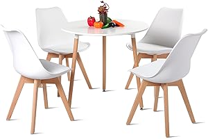 EGGREE Scandinavian Round Wooden Dining Table and 4 Chairs Set 80cm with Kitchen Chairs - White