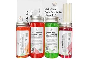TEMPO TEA BAR Bubble Tea Kit - Mango & Strawberry with Lychee & Strawberry Popping Boba, Serves 10, Fruit Tea Concentrate, Low Calorie, Low Sugar