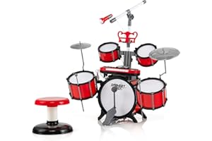 COSTWAY Batterie Enfant avec Clavier à 8 Touches et Tabouret,Ensemble de Tambours Jazz avec Microphone,Hauteur Réglable avec Port MP3,Pupitre,Batterie Musique pour Enfants 3 Ans+ (Rouge-Style 2)