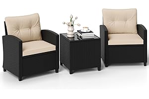 GIANTEX Set da Mobili da 3 Pezzi, Sedie da Giardino con Tavolino da Caffè con Piano in Vetro Temperato, Cuscini per Schienale e Sedile, Set Bistro in Rattan PE per Portico (Marrone)