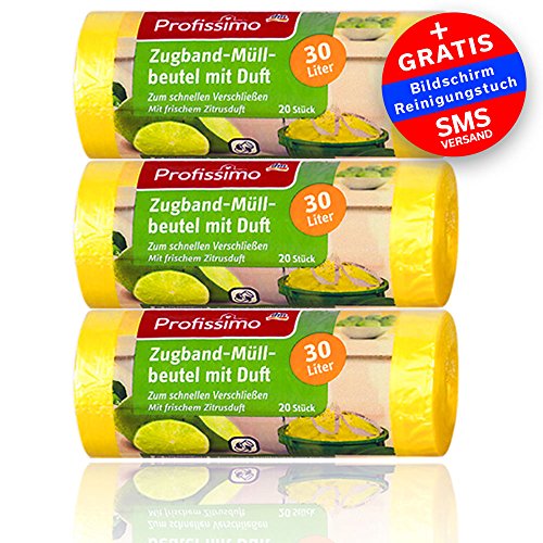 Zugband Müllbeutel mit frischem Zitrusduft - 30 Liter (60 Stück) - 3er Pack (3x20 Stück) - Ideal für Büro, Haushalt und Bad