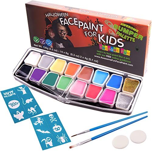 Halloween Face Paint Kit, Big Bumper 16-Pack for Kids. Face Painting Set with Stencils. Professional Party Palette, 14 Colours, 2 Sponges, 2 Brushes, Glitter Gel, FREE eBook Safe Non-Toxic Water-Based
