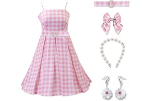 UOTO Margot Robbie Cosplay Costume 2023 Women Pink Plaid Dress Girls Skirt Hair Bow Daisy Necklace Earrings Set Halloween Suit