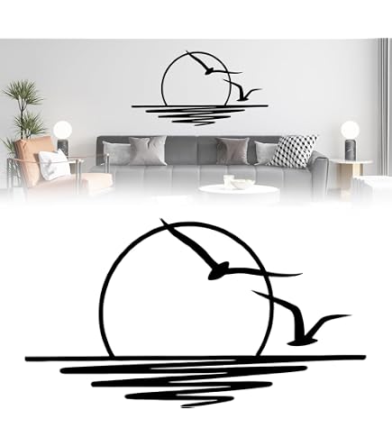 Arte da parete  in metallo, decorazione da parete con sole e gabbiani, decorazione da parete in metallo, decorazione astratta per la casa al tramonto, arte minimalista lineare, 30 x 16 cm