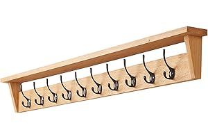 Fox and Grain Solid Oak Coat Rack (10 Hooks) | Wall Mounted Coat Hooks With Shelf for Display/Storage | Wooden Stylish & Versatile Hallway Decor | Heavy Duty Double Hooks | Handcrafted in the UK