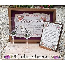 Regalo Boda de Oro o Boda de Plata personalizado y con dedicatoria personal vitrina y copas
