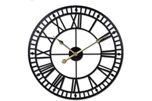 Horloge Etanche Exterieur Pendule Murale Geante, Gros Chiffres Romains Grand Visage Ouvert en MéTal, Grande Horloge Murale Vintage Engrenage Creux Decoration Murale Exterieur Jardin-Noir_C_80