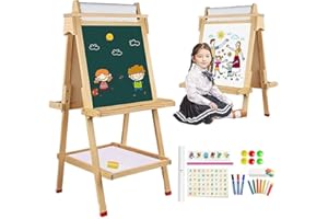 ‎MAYCOLY Kinder Staffelei Malerei Doppelseitige Tafel Holz für Kinder mit Kreidetafel & Whiteboard Höhenverstellbar Standtafel mit Papierroller Malzubehör Ablageschale Aufkleber für Jungen Mädchen ab 3 Jahren