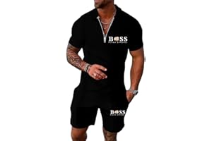 Tinarying Men's Tracksuit Polo Shirt & Shorts 2 Pieces Boss Flexx Apparel Men's 2-Piece Activewear Short Sleeve Polo Shirt and Shorts Set Casual Sportswear Zip-Up Top with Pocketed Pants