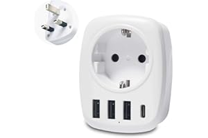 Unidapt Adapter podróżny UK Adapter Anglia Niemcy wtyczka z 3 USB, 1 typ C, AC adapter do gniazdka wtykowego wtyczka podróżna adapter prądu Schuko na typ G Wielka Brytania Irlandia ładowarka ścienna