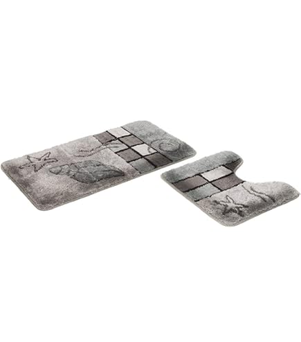 S&S-Shop Badmat set | Grijs | Wave | 2-delig | antislip | WC-mat 50 x 45 cm | Badmat 50 x 90 cm | Badtapijt | Tapijt | Bad | Badkamer